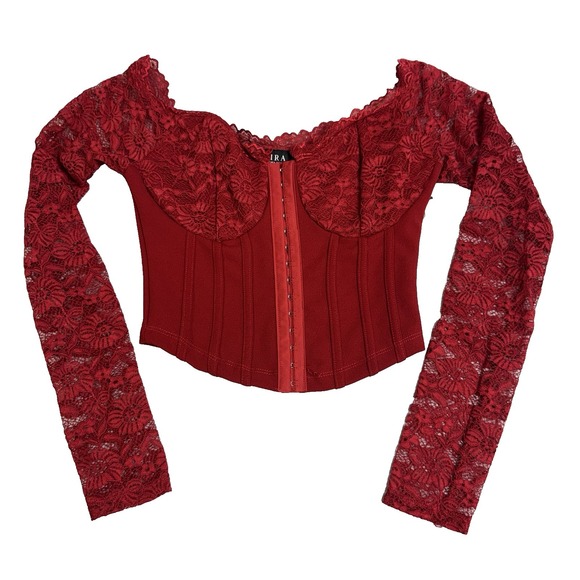 AKIRA Womens Small Red Corset Bustier Date Night Lace Sleeves Regency Going Out - Picture 2 of 16